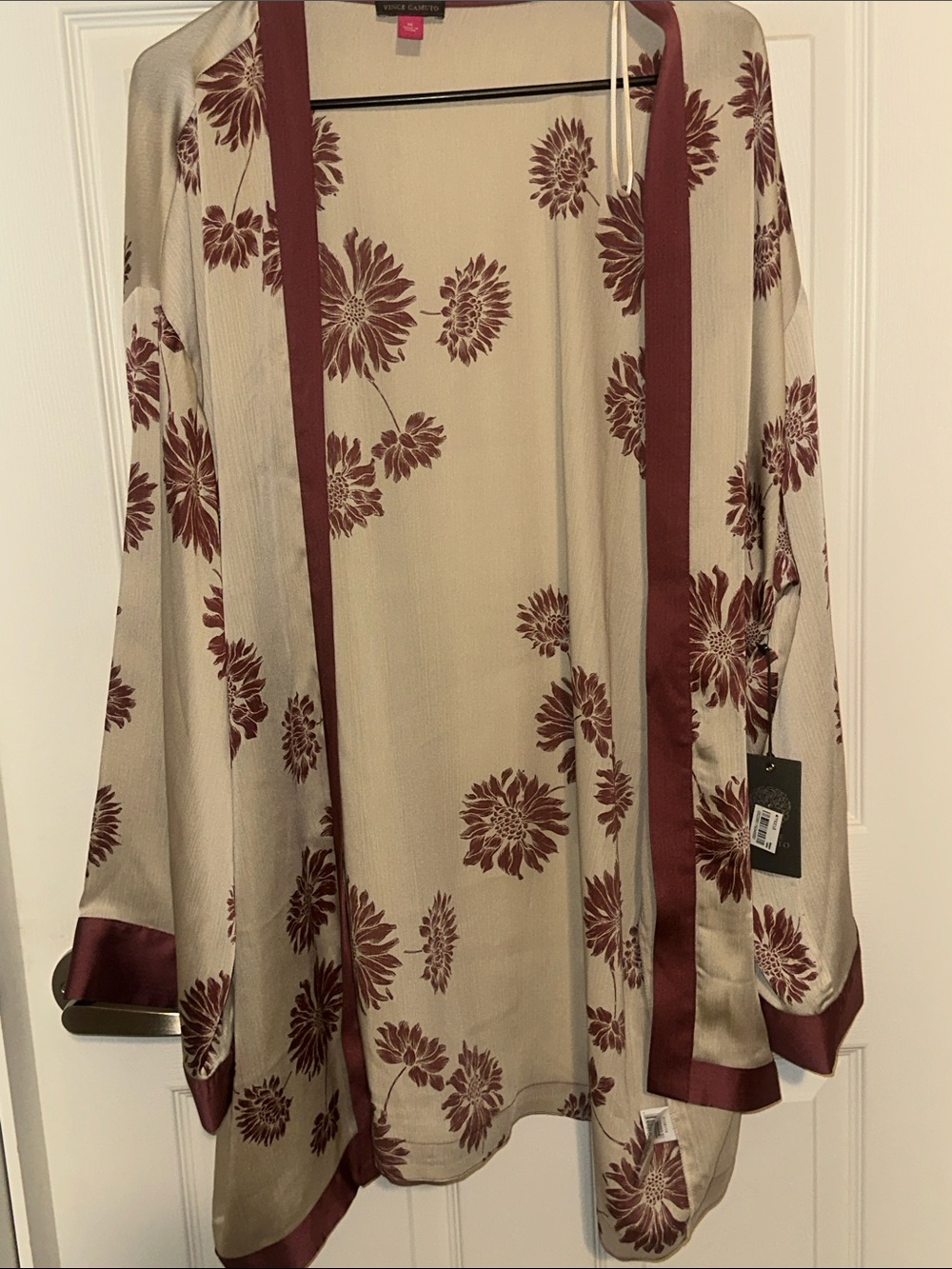 Vince Camuto Cream Kimono with Burgundy Floral Print and Satin Trim